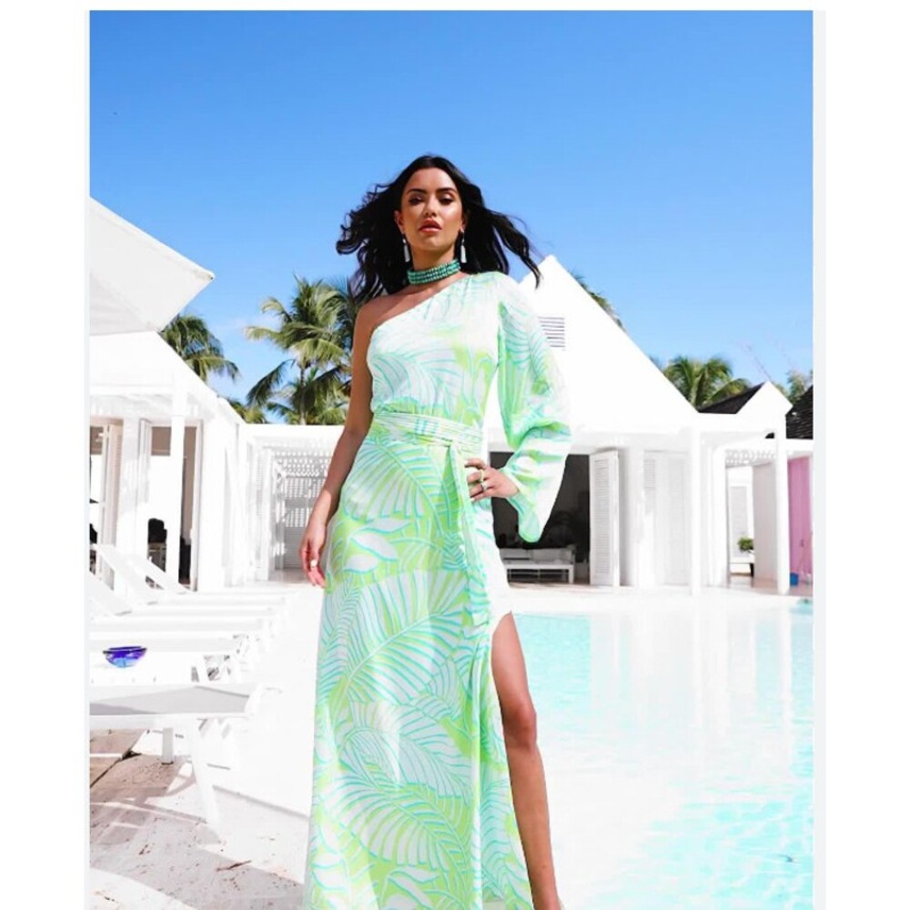 Boston Proper Dress Womens 0 Green Tropical Leaf One Shoulder Maxi Beach Party